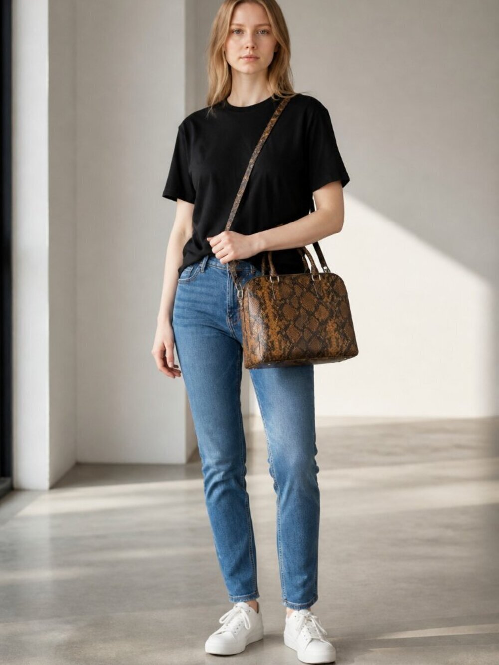 Faux Leather Brown Snake-Print Satchel NWT